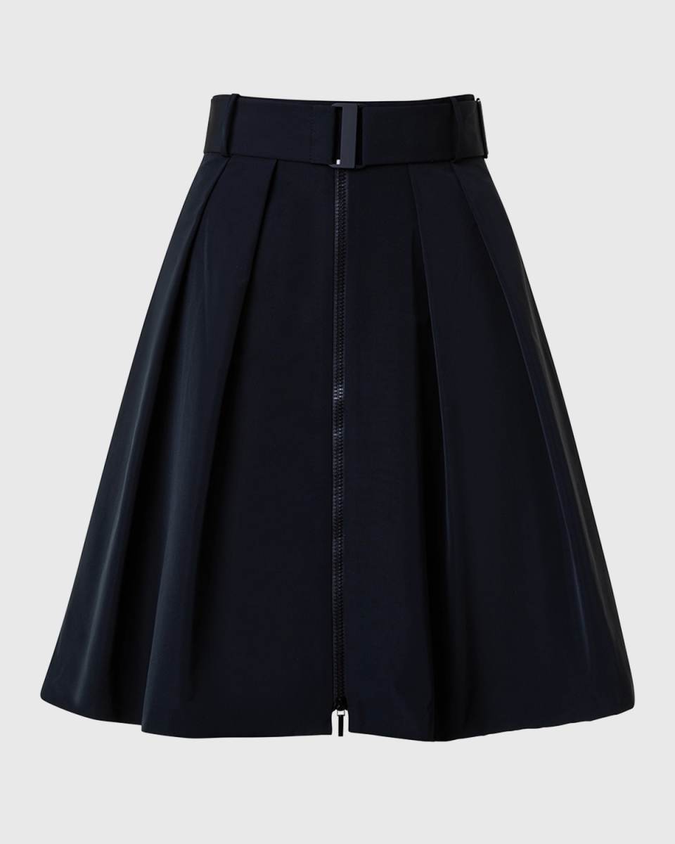 Pleated Taffeta Front-Zip Skirt With Belt